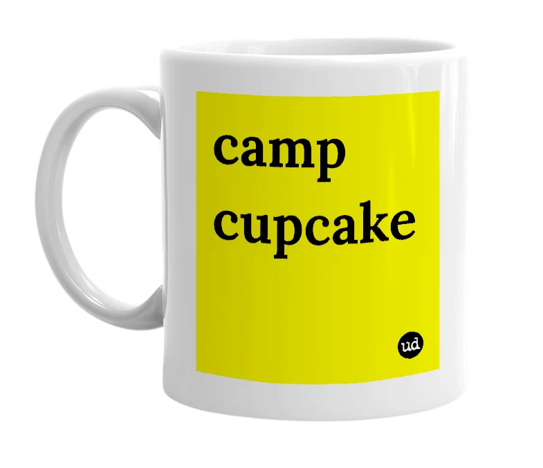 White mug with 'camp cupcake' in bold black letters