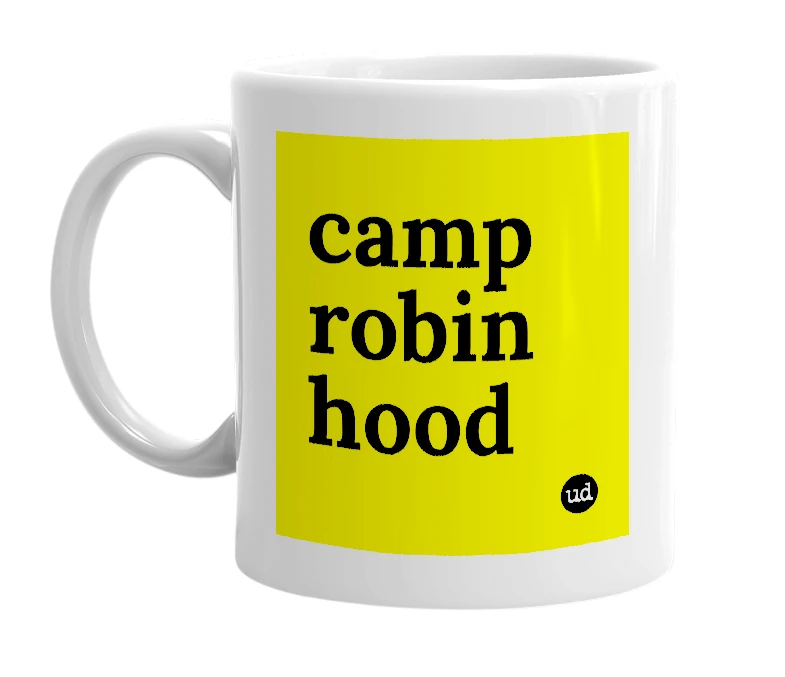 White mug with 'camp robin hood' in bold black letters