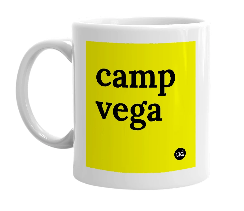 White mug with 'camp vega' in bold black letters