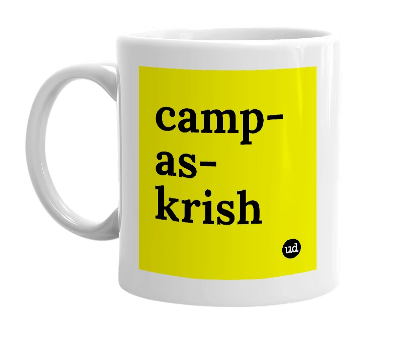 White mug with 'camp-as-krish' in bold black letters