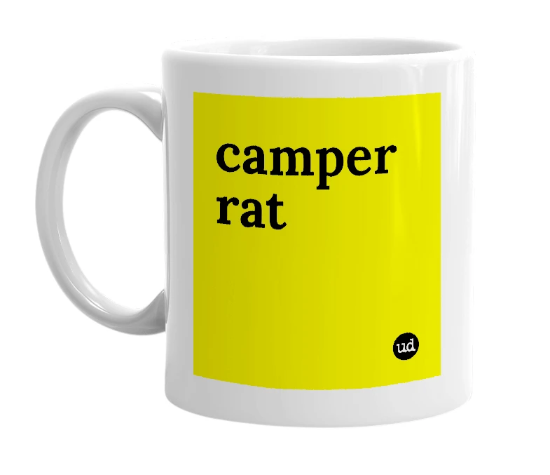 White mug with 'camper rat' in bold black letters