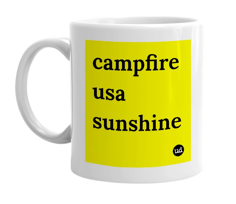 White mug with 'campfire usa sunshine' in bold black letters
