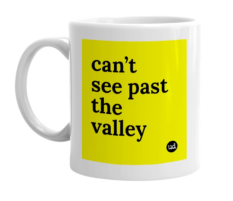 White mug with 'can’t see past the valley' in bold black letters