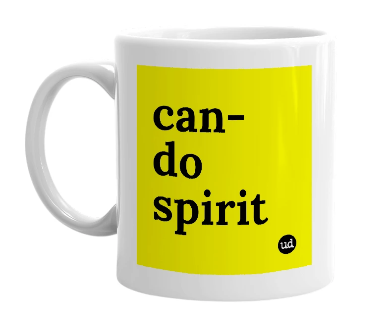 White mug with 'can-do spirit' in bold black letters