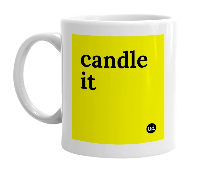 White mug with 'candle it' in bold black letters