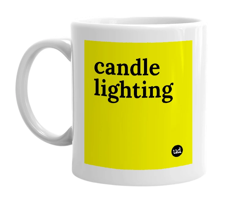 White mug with 'candle lighting' in bold black letters