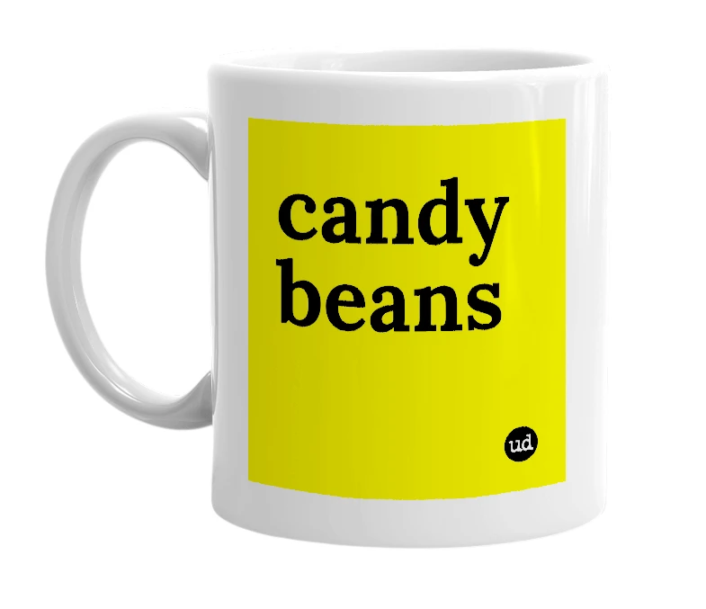 White mug with 'candy beans' in bold black letters