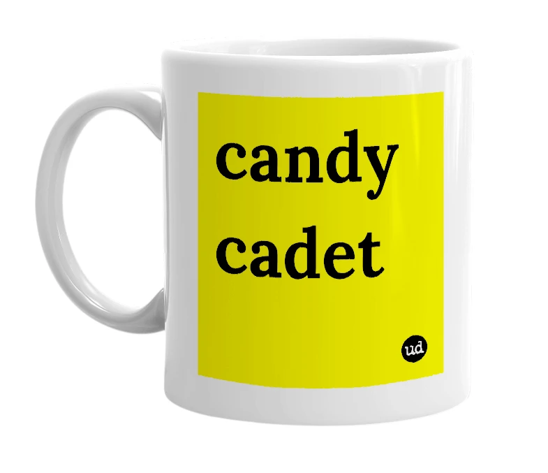 White mug with 'candy cadet' in bold black letters