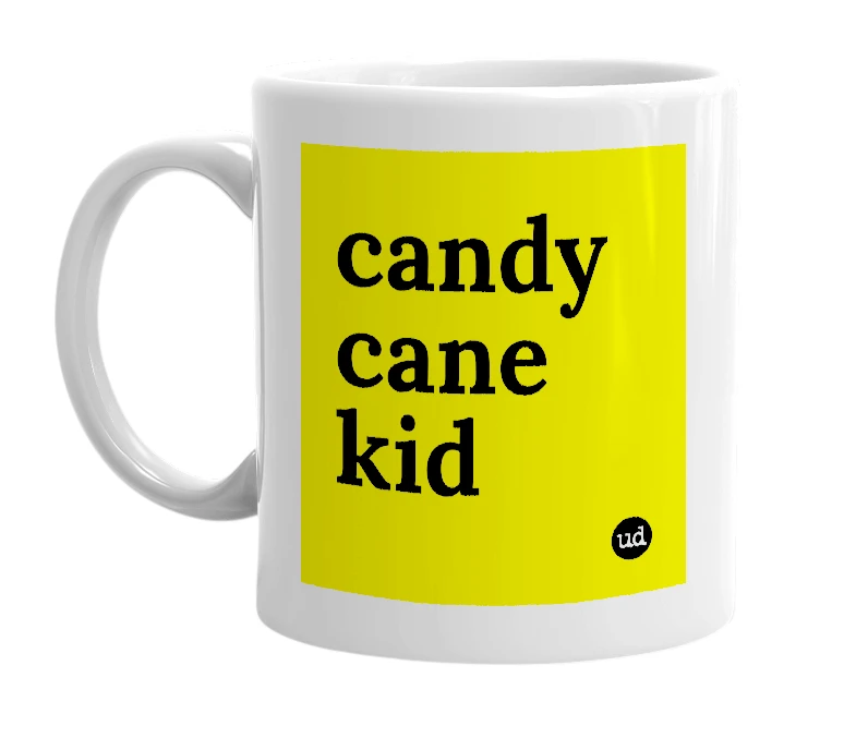 White mug with 'candy cane kid' in bold black letters