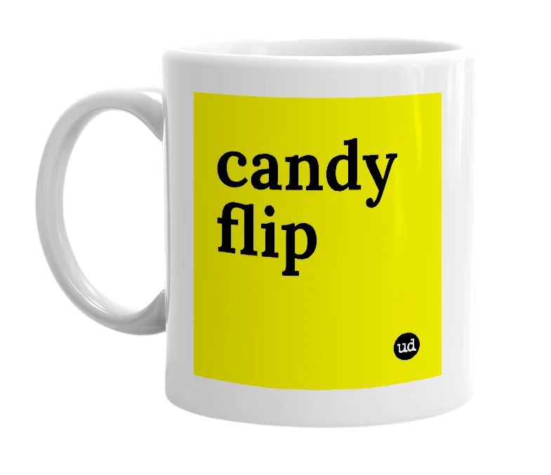 White mug with 'candy flip' in bold black letters
