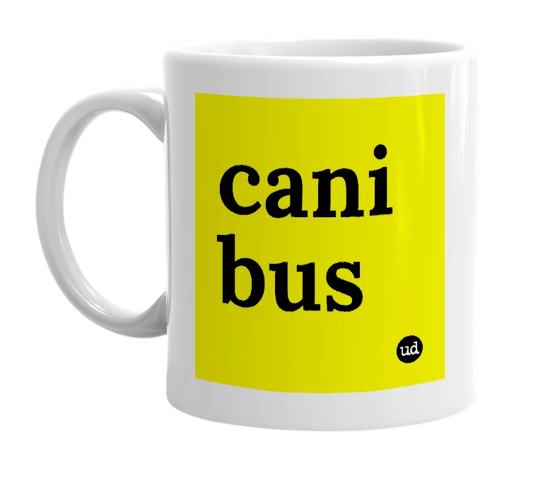 White mug with 'cani bus' in bold black letters