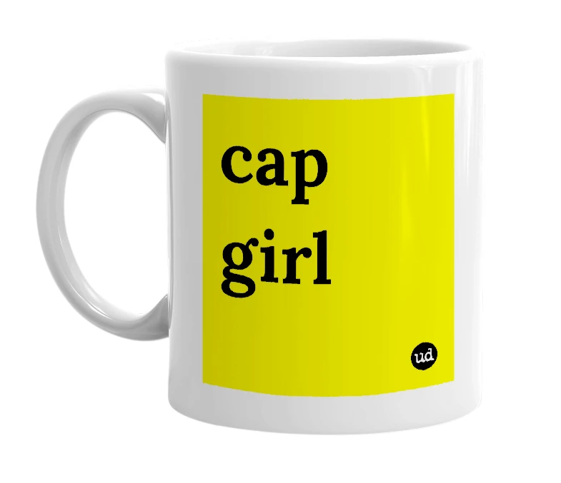 White mug with 'cap girl' in bold black letters