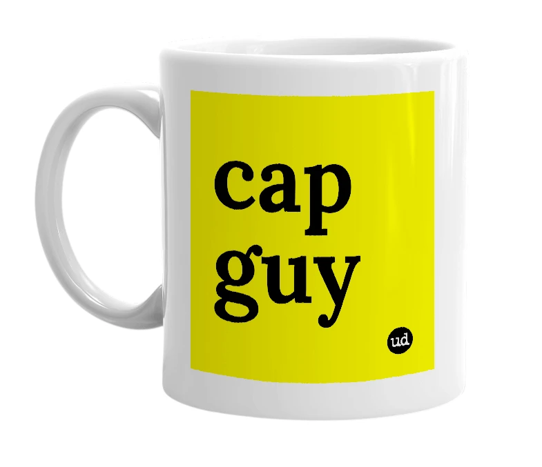 White mug with 'cap guy' in bold black letters
