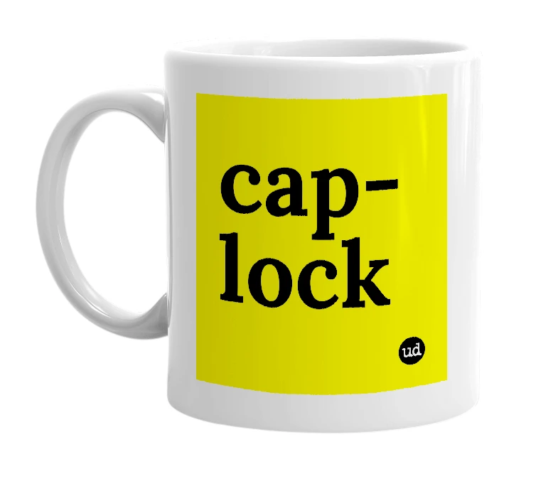 White mug with 'cap-lock' in bold black letters