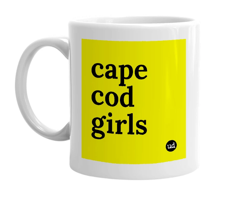 White mug with 'cape cod girls' in bold black letters