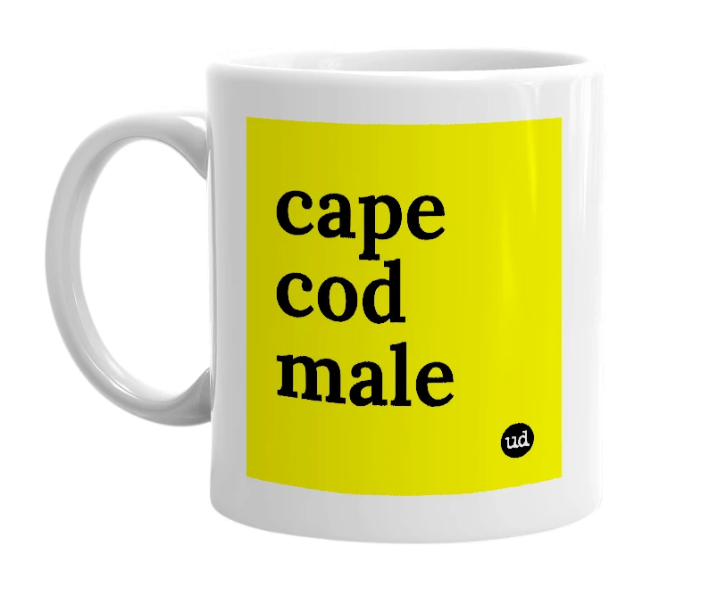 White mug with 'cape cod male' in bold black letters