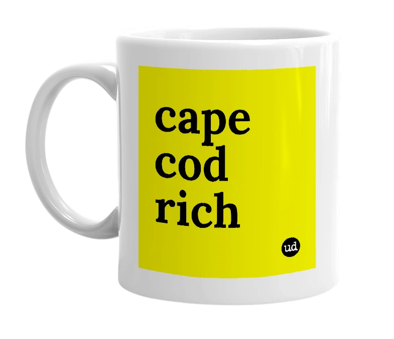 White mug with 'cape cod rich' in bold black letters