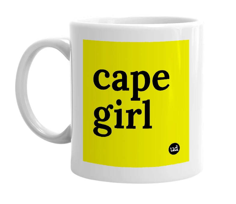 White mug with 'cape girl' in bold black letters