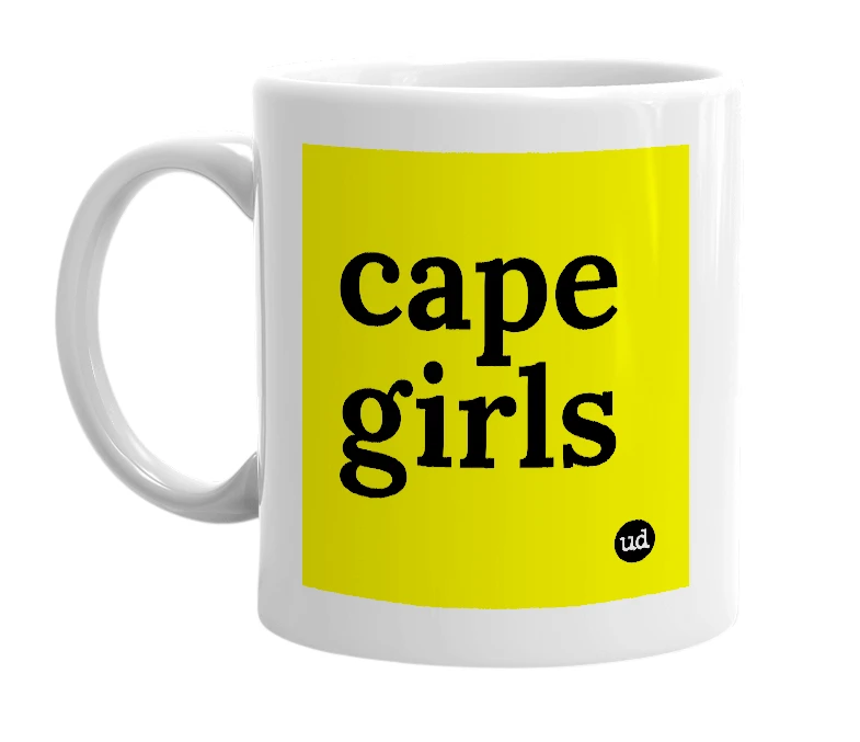 White mug with 'cape girls' in bold black letters