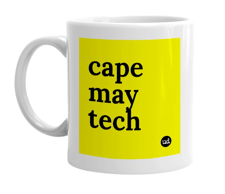 White mug with 'cape may tech' in bold black letters