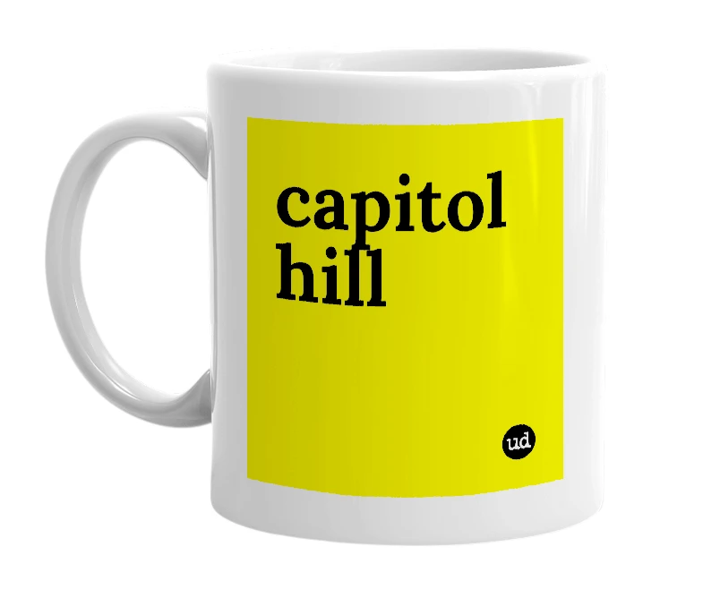 White mug with 'capitol hill' in bold black letters