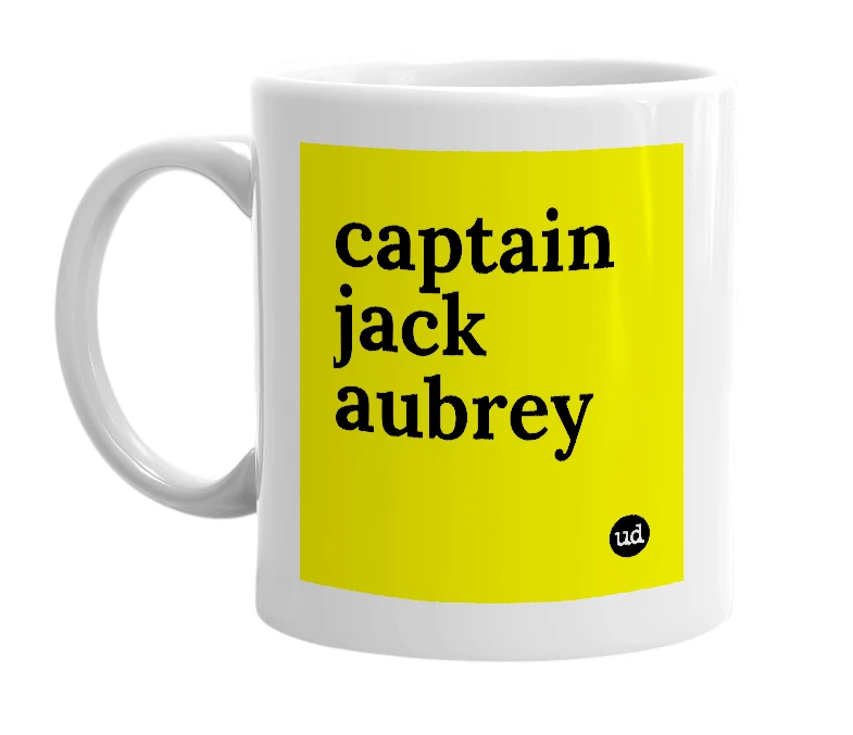 White mug with 'captain jack aubrey' in bold black letters