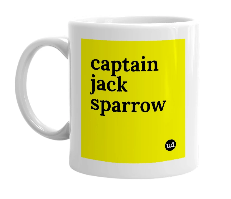 White mug with 'captain jack sparrow' in bold black letters