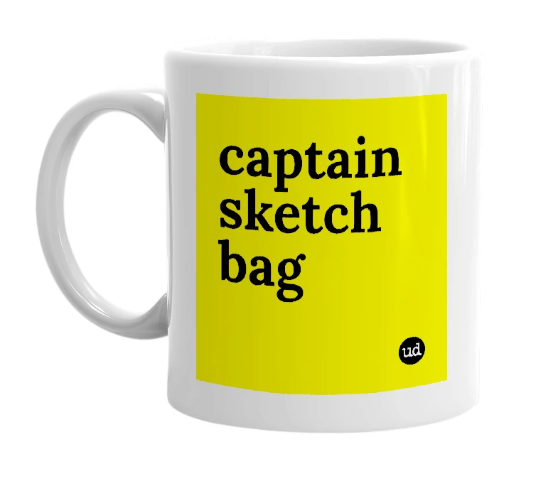 White mug with 'captain sketch bag' in bold black letters