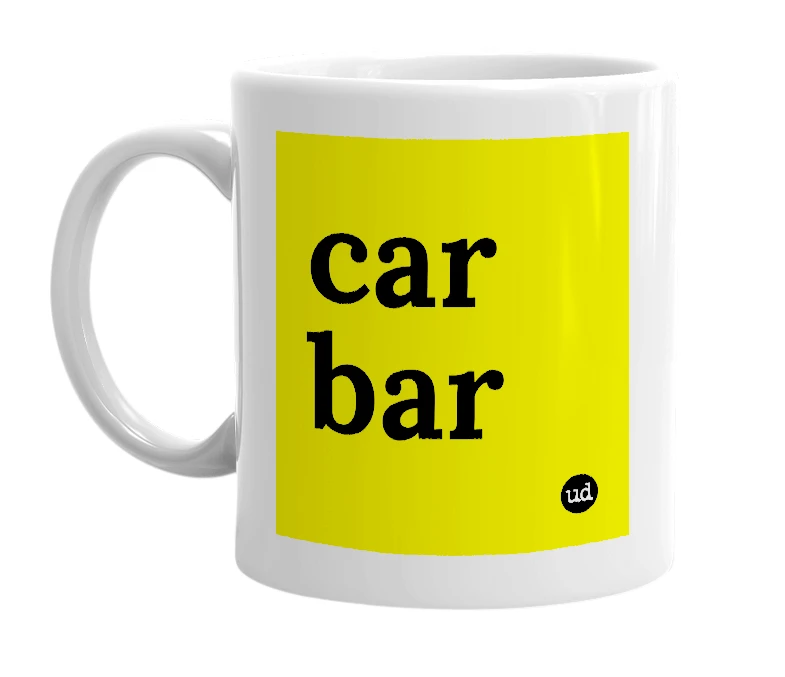 White mug with 'car bar' in bold black letters