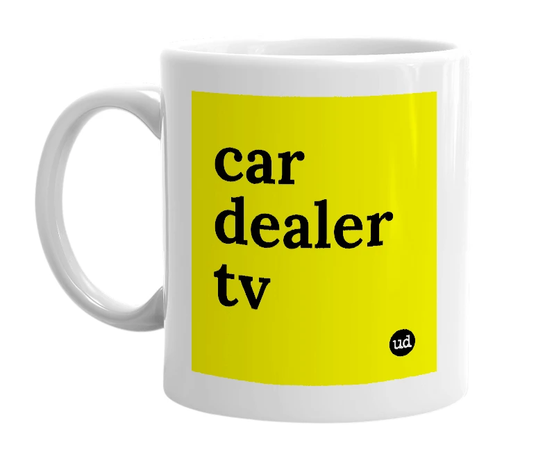 White mug with 'car dealer tv' in bold black letters