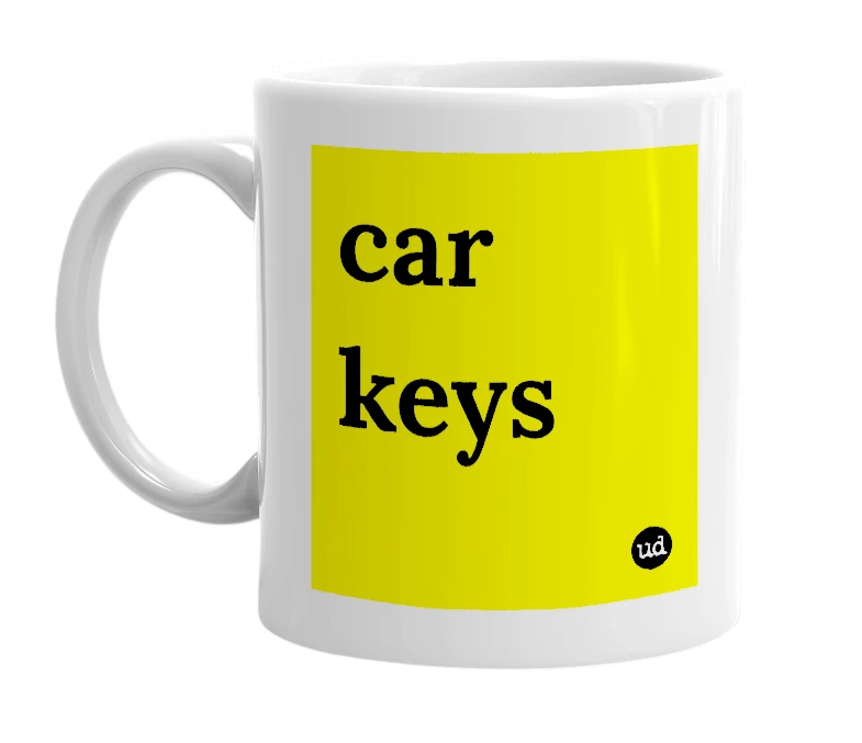 White mug with 'car keys' in bold black letters