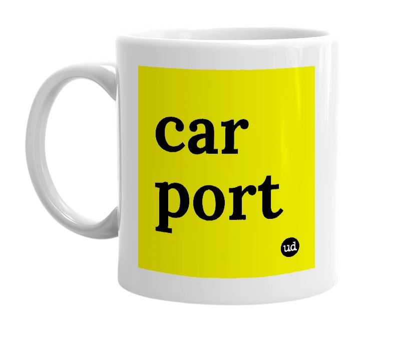 White mug with 'car port' in bold black letters