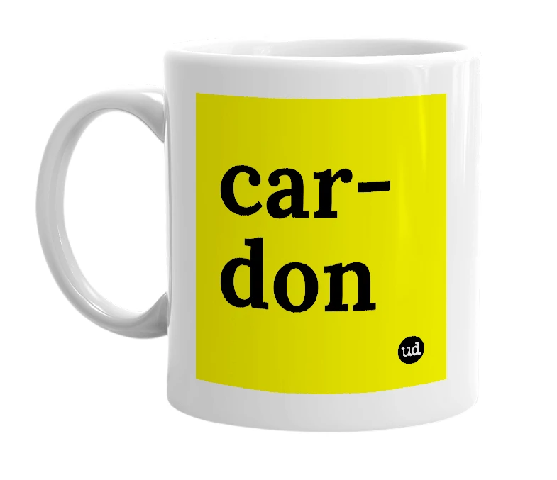 White mug with 'car-don' in bold black letters