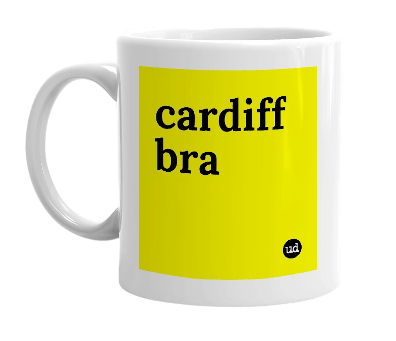 White mug with 'cardiff bra' in bold black letters