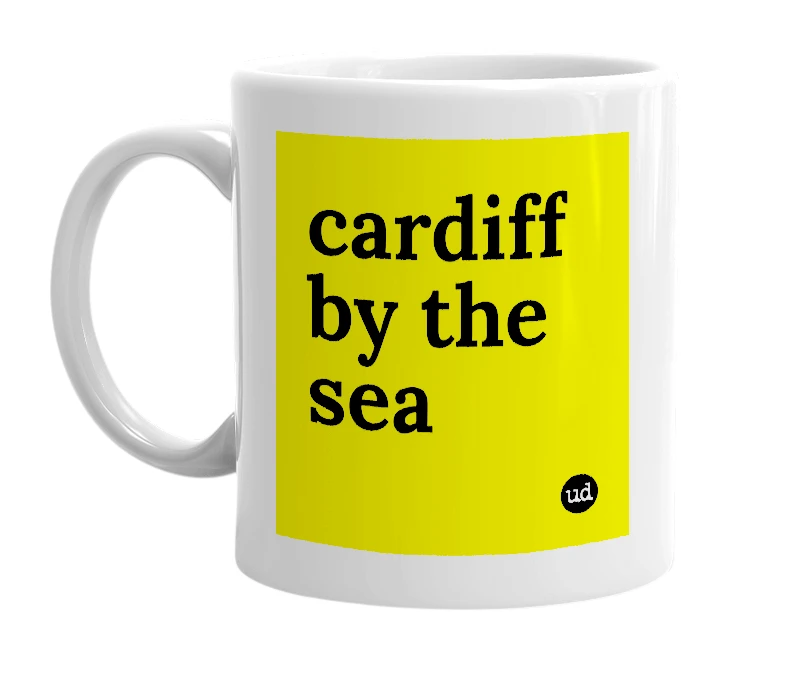 White mug with 'cardiff by the sea' in bold black letters