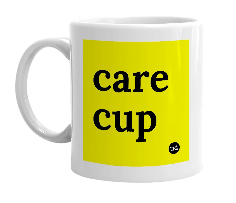 White mug with 'care cup' in bold black letters