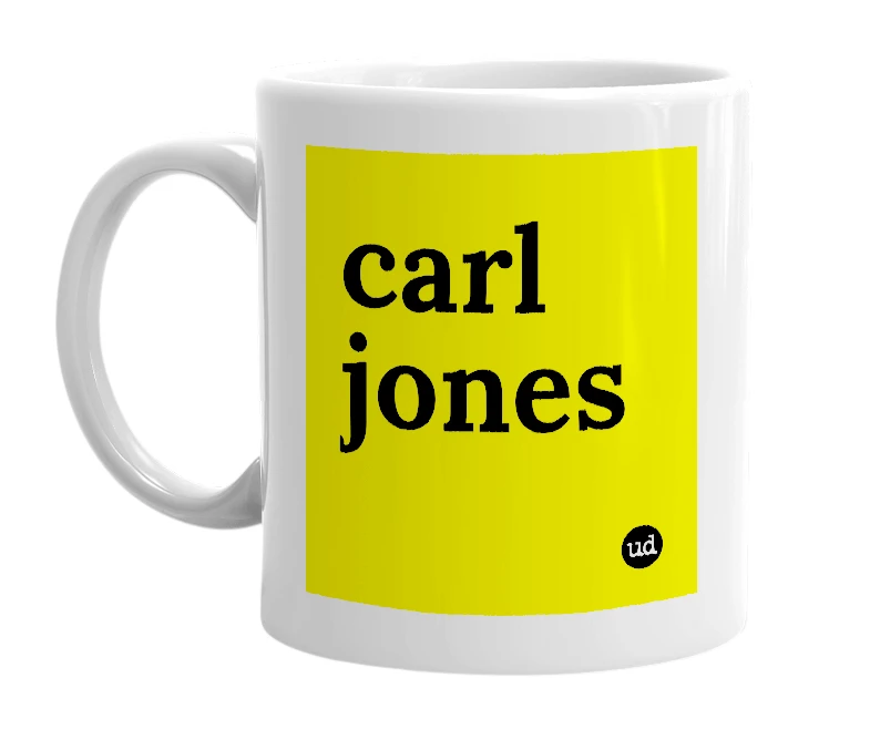 White mug with 'carl jones' in bold black letters