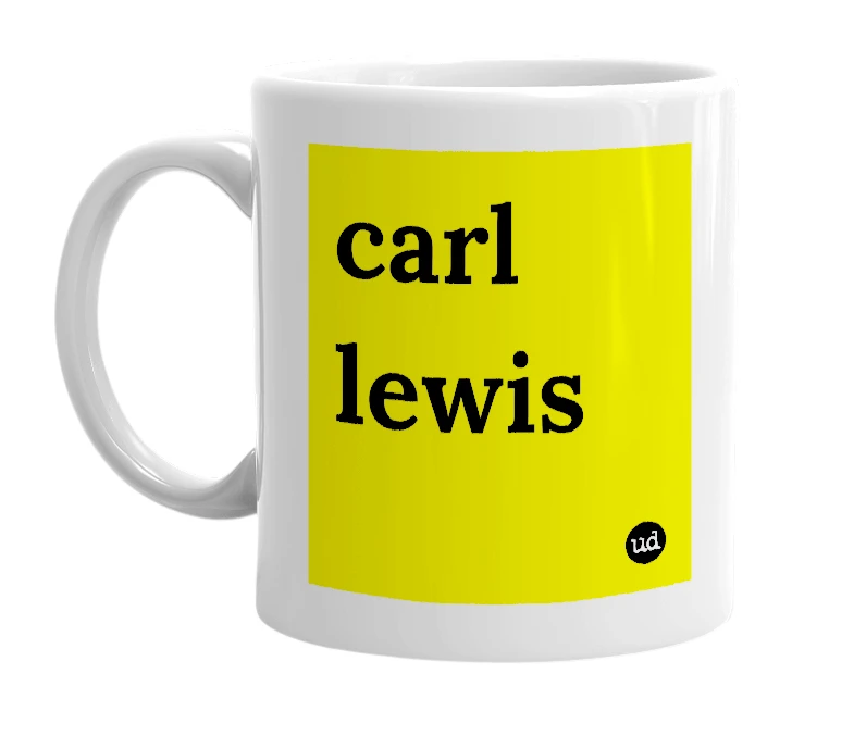 White mug with 'carl lewis' in bold black letters