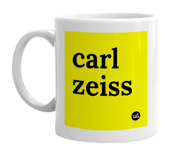 White mug with 'carl zeiss' in bold black letters