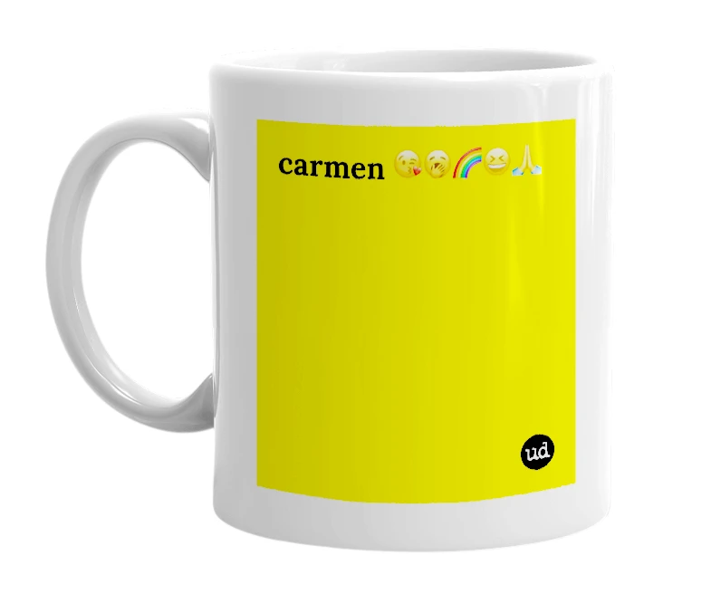 White mug with 'carmen 😘🥱🌈😆🙏' in bold black letters