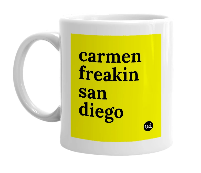 White mug with 'carmen freakin san diego' in bold black letters