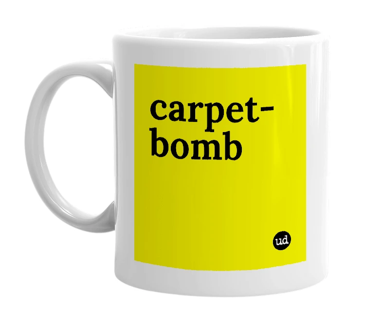 White mug with 'carpet-bomb' in bold black letters