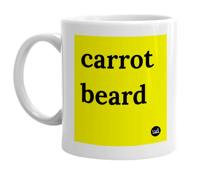 White mug with 'carrot beard' in bold black letters