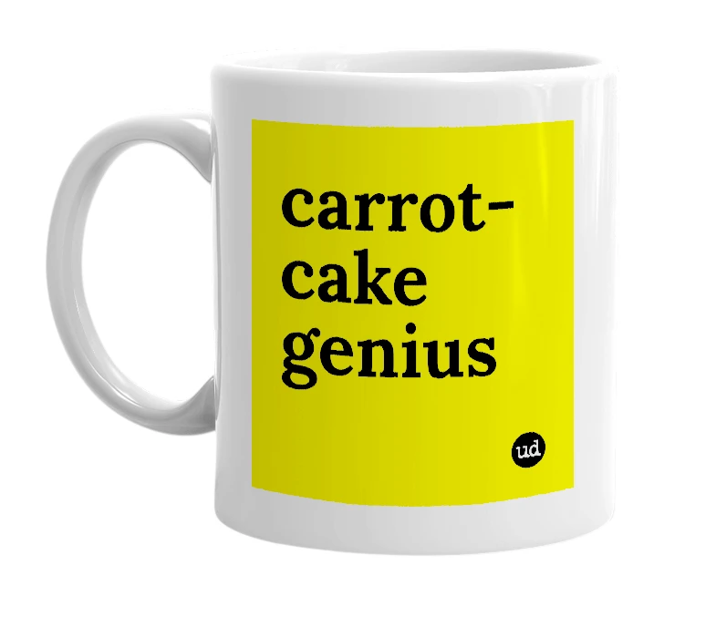 White mug with 'carrot-cake genius' in bold black letters