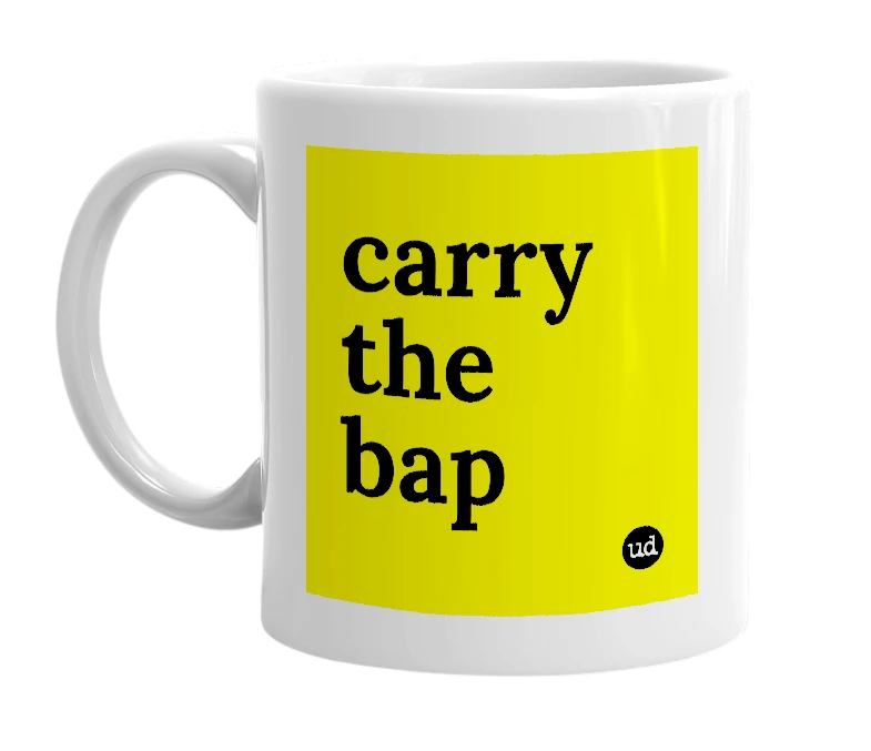 White mug with 'carry the bap' in bold black letters