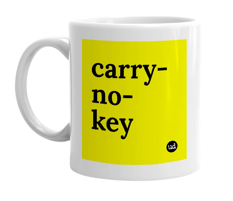 White mug with 'carry-no-key' in bold black letters