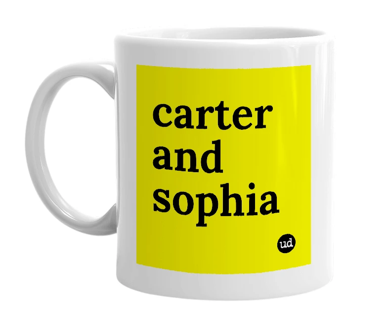 White mug with 'carter and sophia' in bold black letters