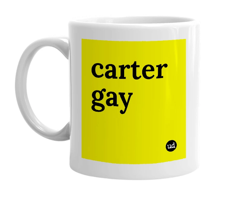 White mug with 'carter gay' in bold black letters