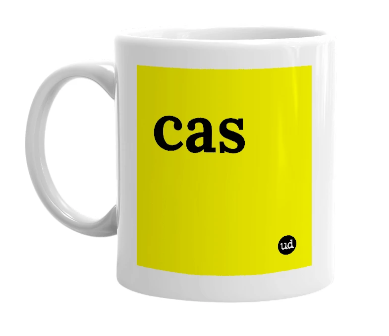 White mug with 'cas' in bold black letters