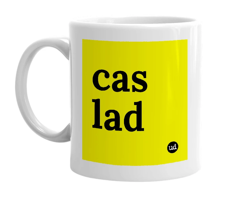 White mug with 'cas lad' in bold black letters